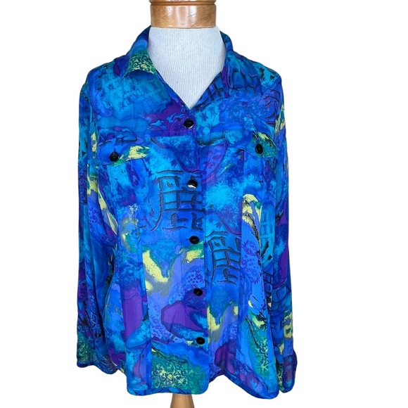 Chico’s Women’s Multi Color Button Front Semi-Sheer Silk Blouse Size 2=XL/16 EUC - Picture 11 of 13